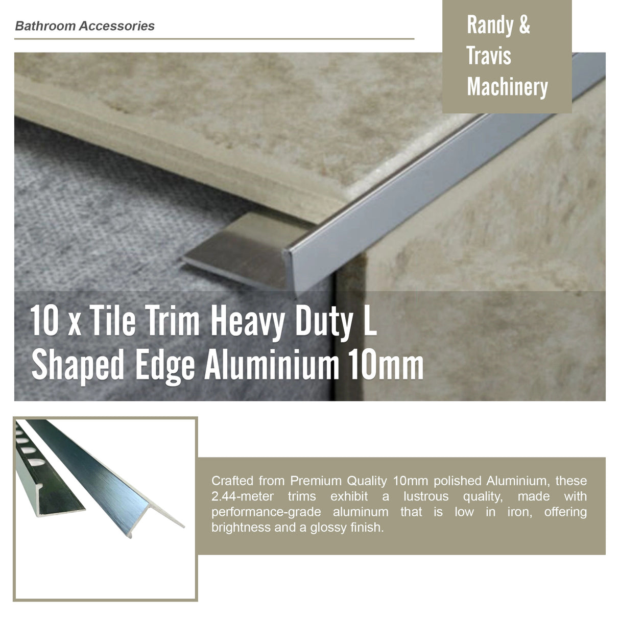 10 x Tile Trim Heavy Duty L Shaped Edge Aluminium 10mm