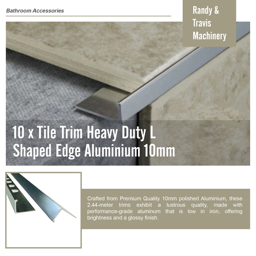 10 x Tile Trim Heavy Duty L Shaped Edge Aluminium 10mm