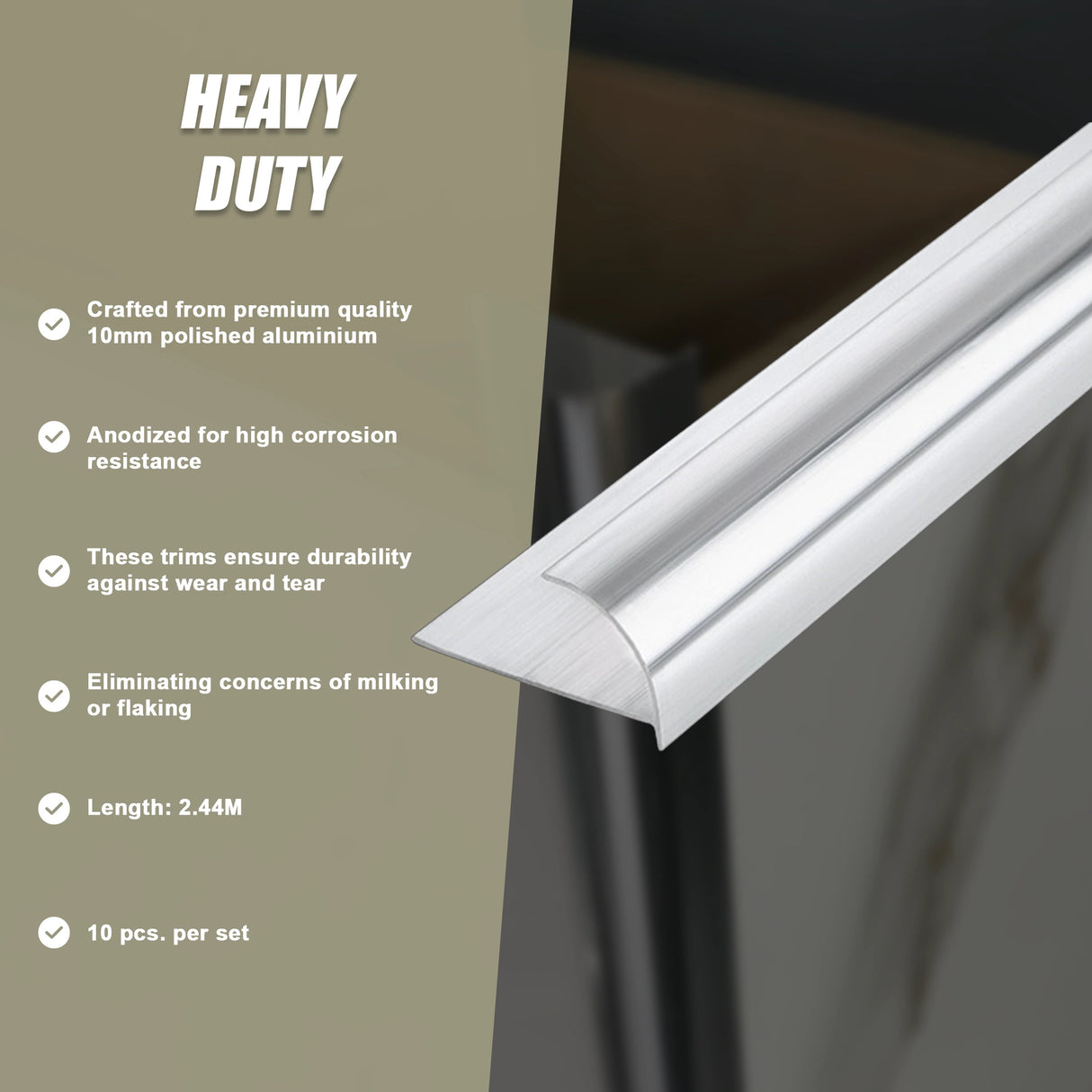 10 x Tile Trim Heavy Duty Round Edge Aluminium 10mm