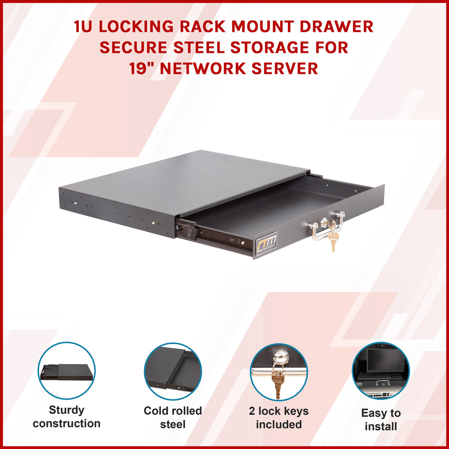1U Locking Rack Mount Drawer Secure Steel Storage for 19" Network Server