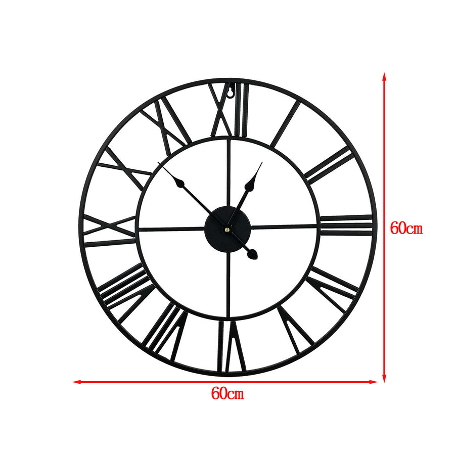 60cm Industrial Large Wall Clock, Round Metal Wall Clocks Roman Numerals Style