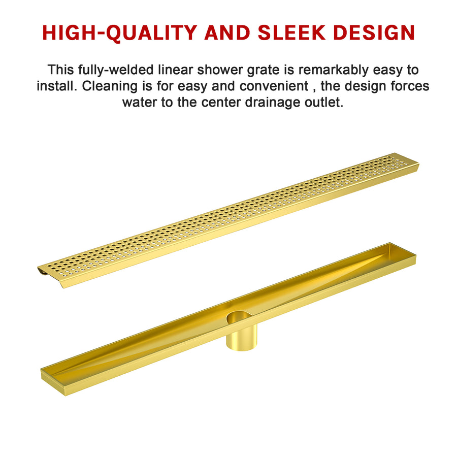 900mm Bathroom Shower Brushed Brass Grate Drain w/ Centre outlet Floor Waste Square Pattern