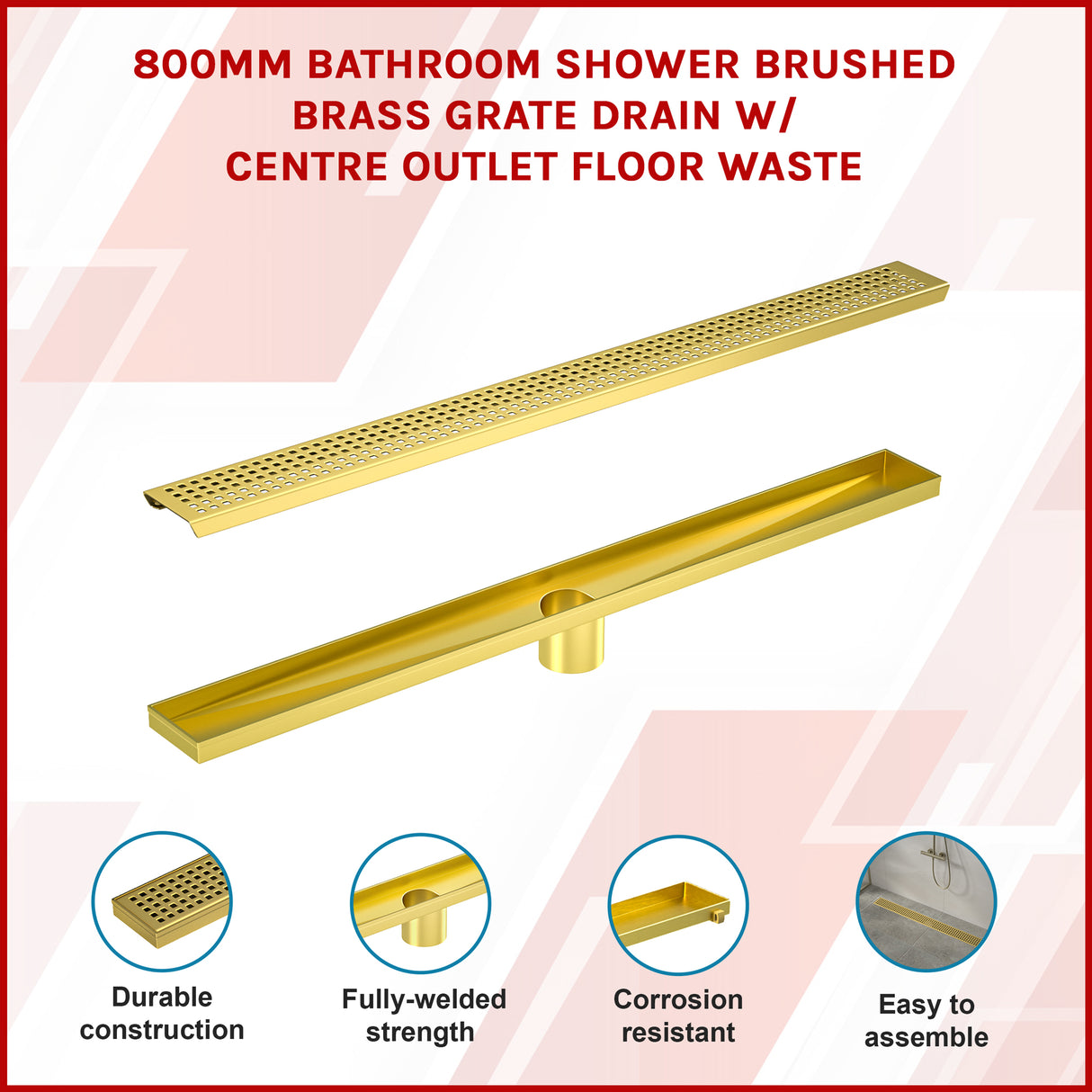 800mm Bathroom Shower Brushed Brass Grate Drain w/ Centre outlet Floor Waste