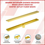 800mm Bathroom Shower Brushed Brass Grate Drain w/ Centre outlet Floor Waste