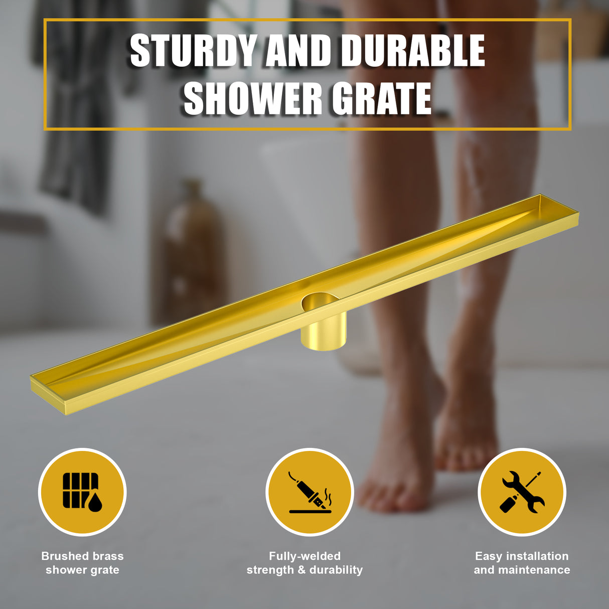 800mm Bathroom Shower Brushed Brass Grate Drain w/ Centre outlet Floor Waste