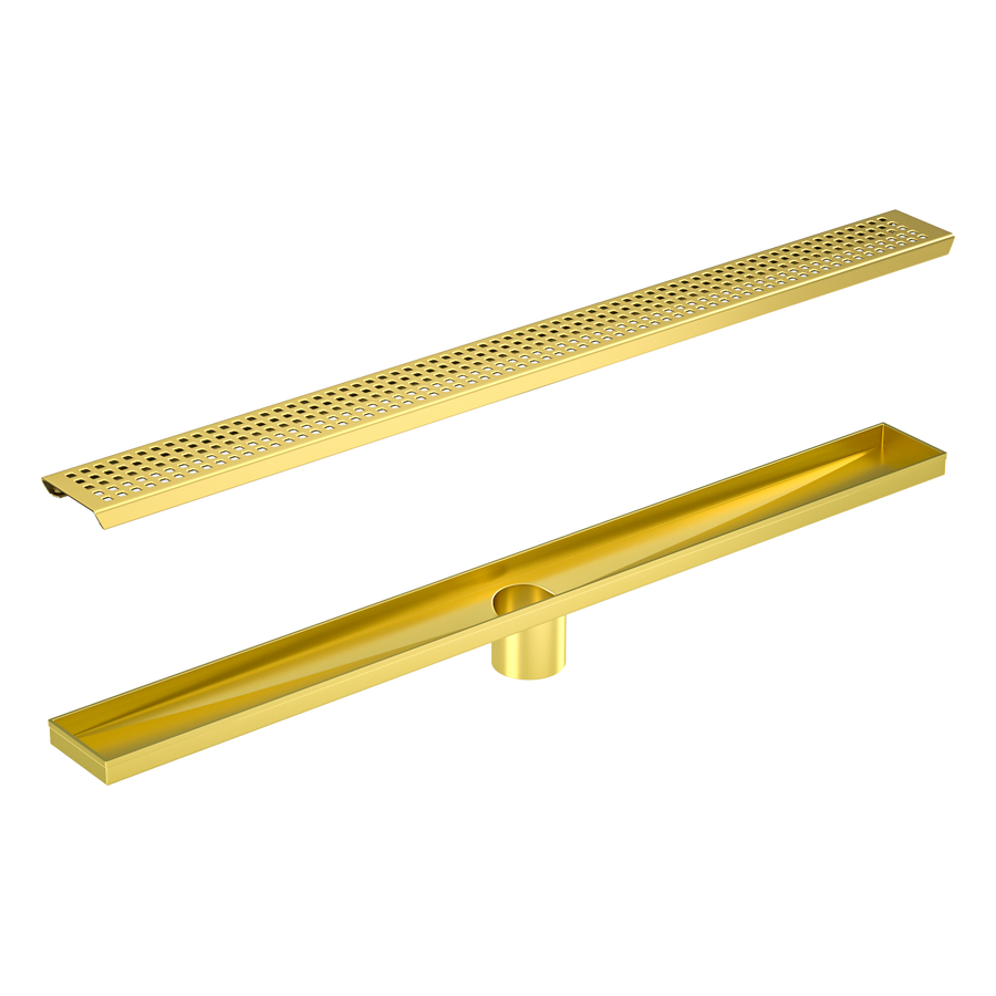 1200mm Bathroom Shower Brushed Brass Grate Drain w/ Centre outlet Floor Waste Square Pattern