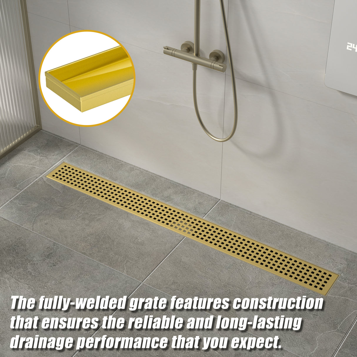 1200mm Bathroom Shower Brushed Brass Grate Drain w/ Centre outlet Floor Waste Square Pattern