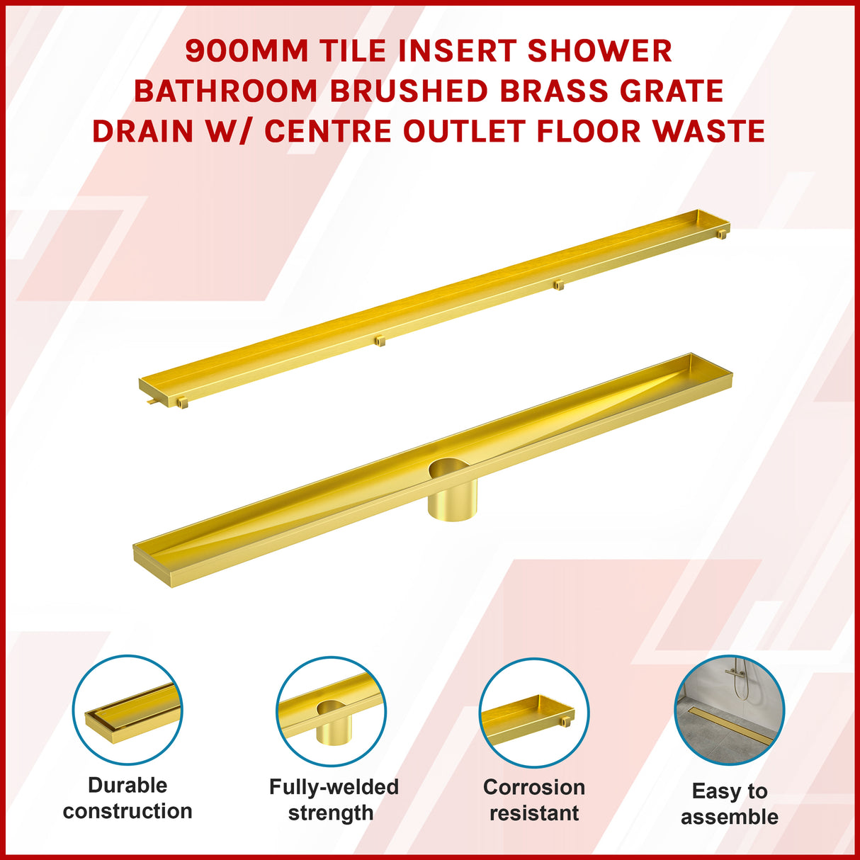 900mm Tile Insert Bathroom Shower Brushed Brass Grate Drain w/ Centre outlet Floor Waste