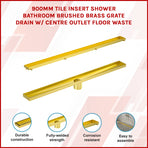 900mm Tile Insert Bathroom Shower Brushed Brass Grate Drain w/ Centre outlet Floor Waste