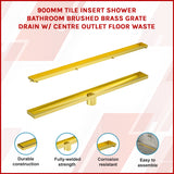 900mm Tile Insert Bathroom Shower Brushed Brass Grate Drain w/ Centre outlet Floor Waste - Front View