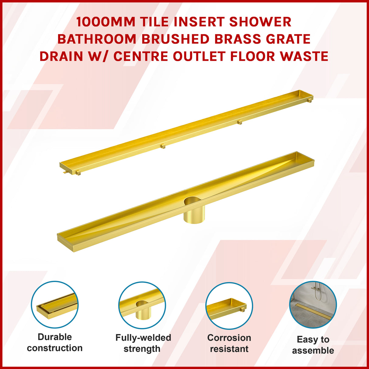 1000mm Tile Insert Bathroom Shower Brushed Brass Grate Drain w/Centre outlet Floor Waste