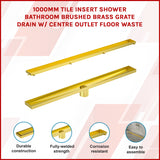 1000mm Tile Insert Bathroom Shower Brushed Brass Grate Drain w/Centre outlet Floor Waste - Front View