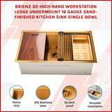 BRIENZ 32-inch Nano Workstation Ledge Undermount 16 Gauge Sand-finished Kitchen Sink Single Bowl - Side View