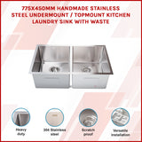 Stainless Steel Sink - 775 x 450mm - Rear View