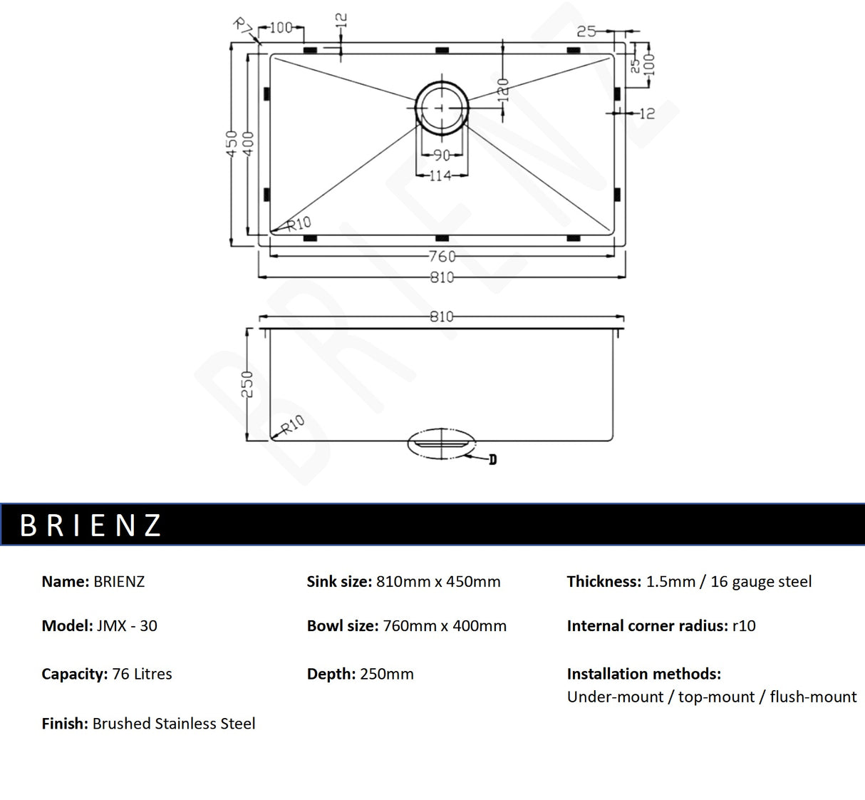 Stainless Steel Sink - 810 x 450mm