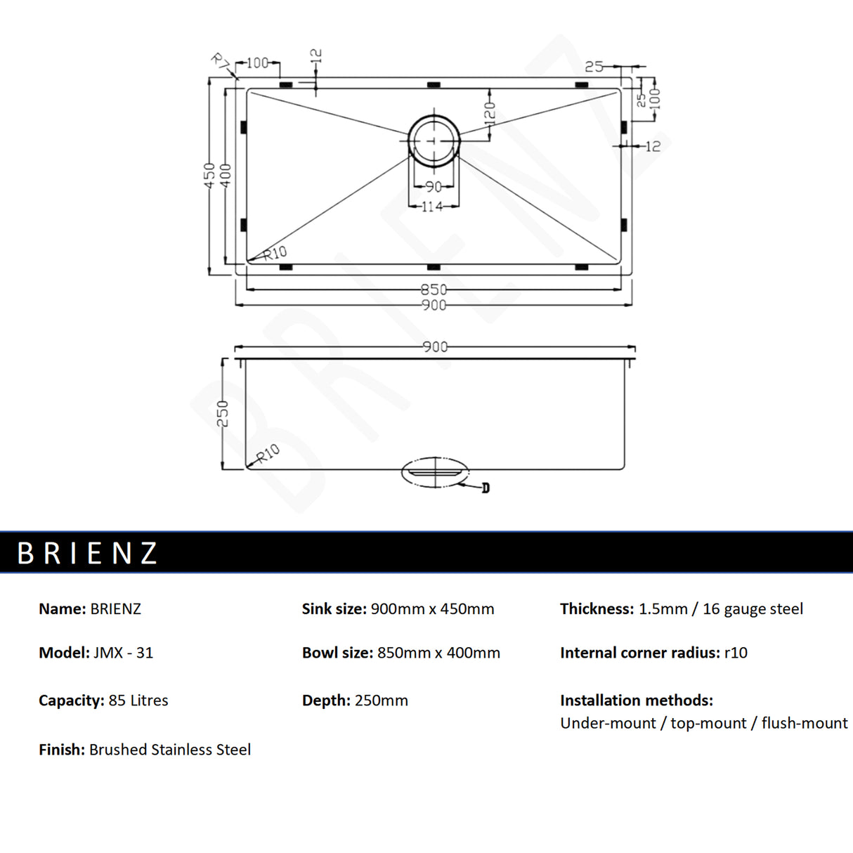 Stainless Steel Sink - 900 x 450mm