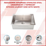 Stainless Steel Sink - 700 x 500mm - Low Angle