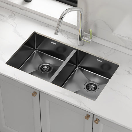 Black sand finish stainless steel double kitchen and laundry sink, 775 x 450mm, two sink bowls