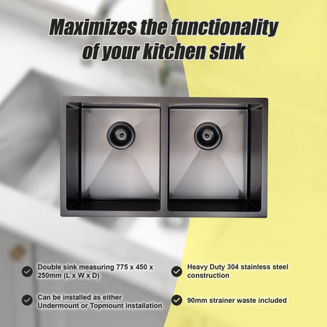 Black sand finish stainless steel double kitchen and laundry sink, 775 x 450mm, 90mm strainer waste