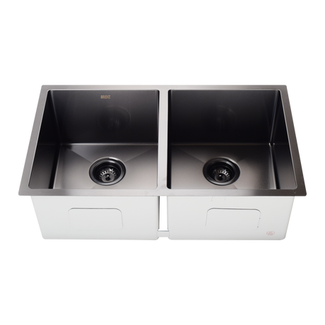 Black sand finish stainless steel double kitchen and laundry sink, 775 x 450mm, sound padding under the bowls