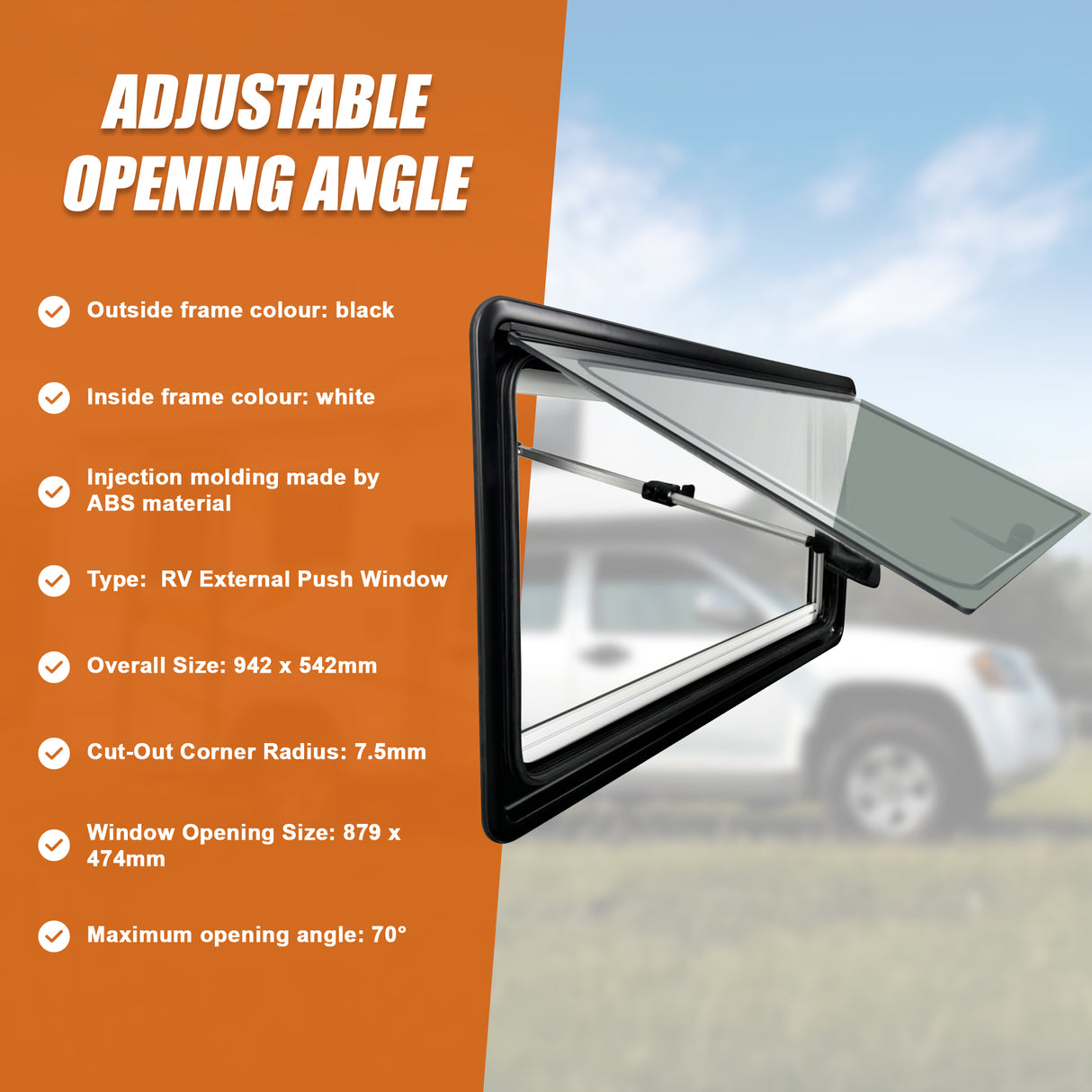 RV Caravan Camper Van Hinged Push Out Window Motorhome Exit Window 900mm x 500mm