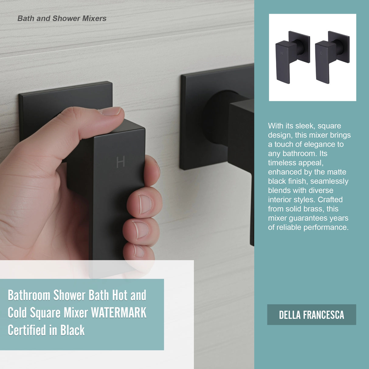 Bathroom Shower Bath Hot and Cold Square Mixer WATERMARK Certified in Black
