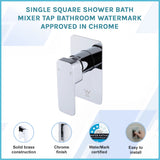 Single Square Shower Bath Mixer Tap Bathroom WATERMARK Approved in Chrome - Front View