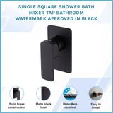 Single Square Shower Bath Mixer Tap Bathroom WATERMARK Approved in Black - Front View