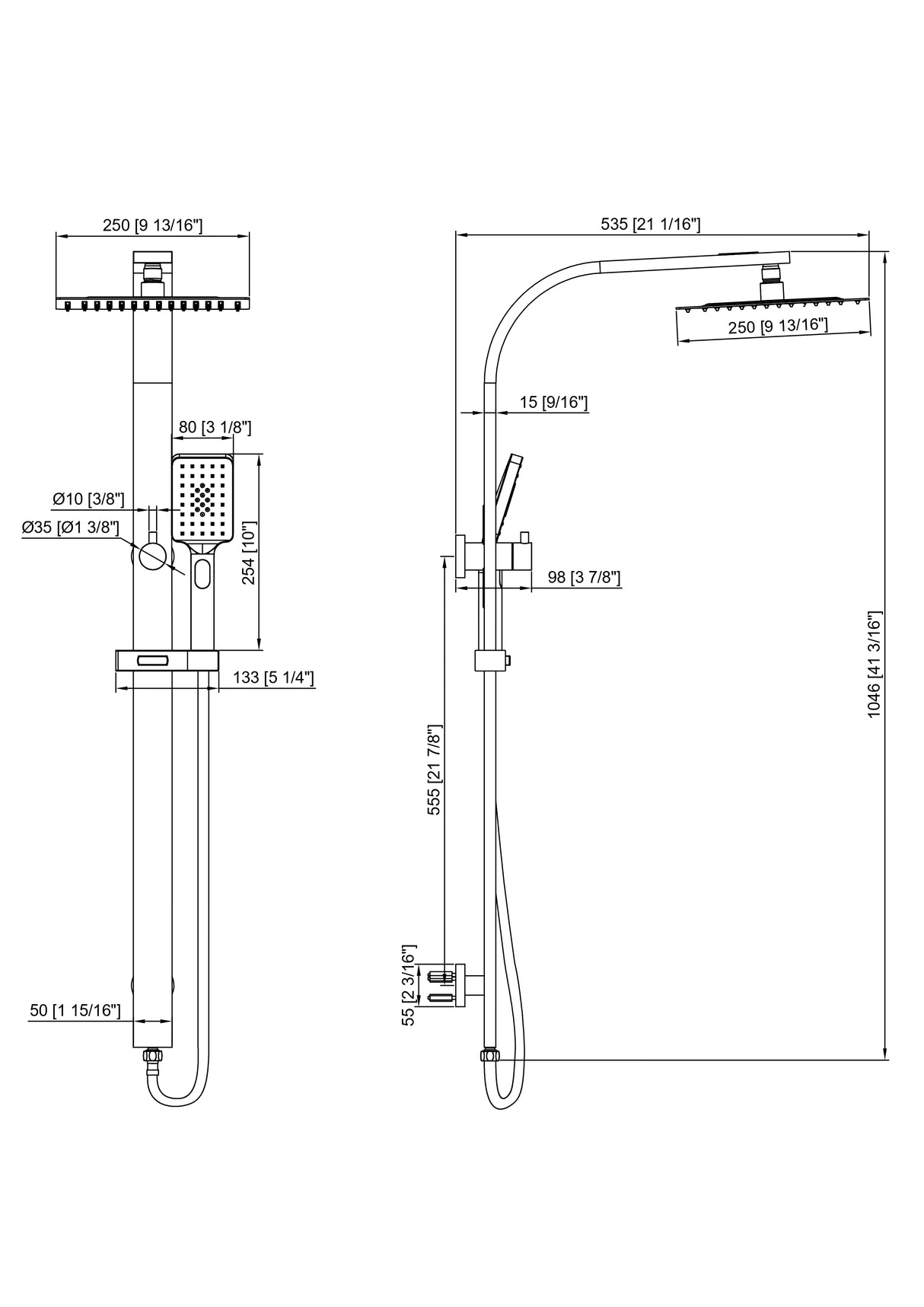 WELS 10" Rain Shower Head Set Square Dual Heads High Pressure with Handheld in Chrome
