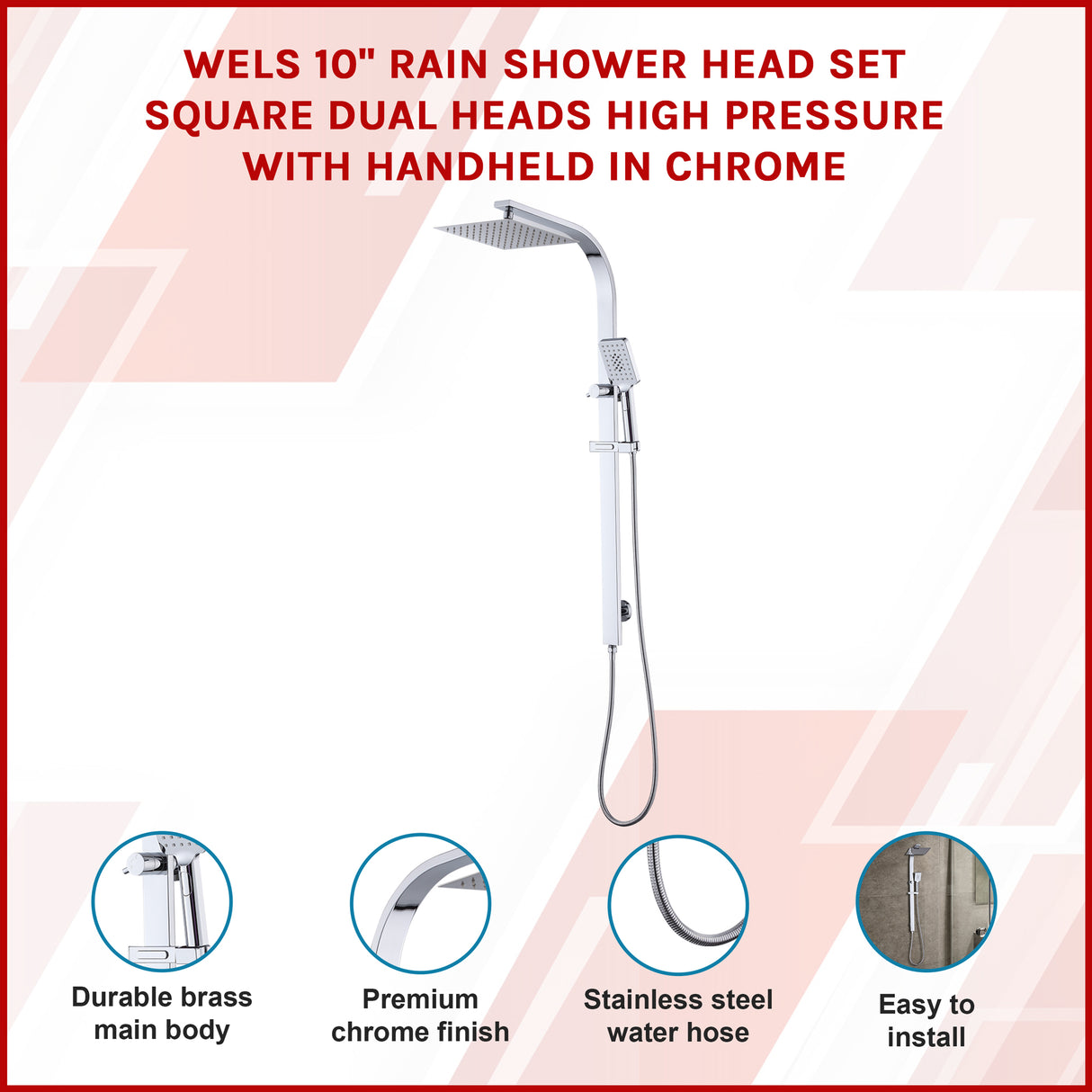 WELS 10" Rain Shower Head Set Square Dual Heads High Pressure with Handheld in Chrome