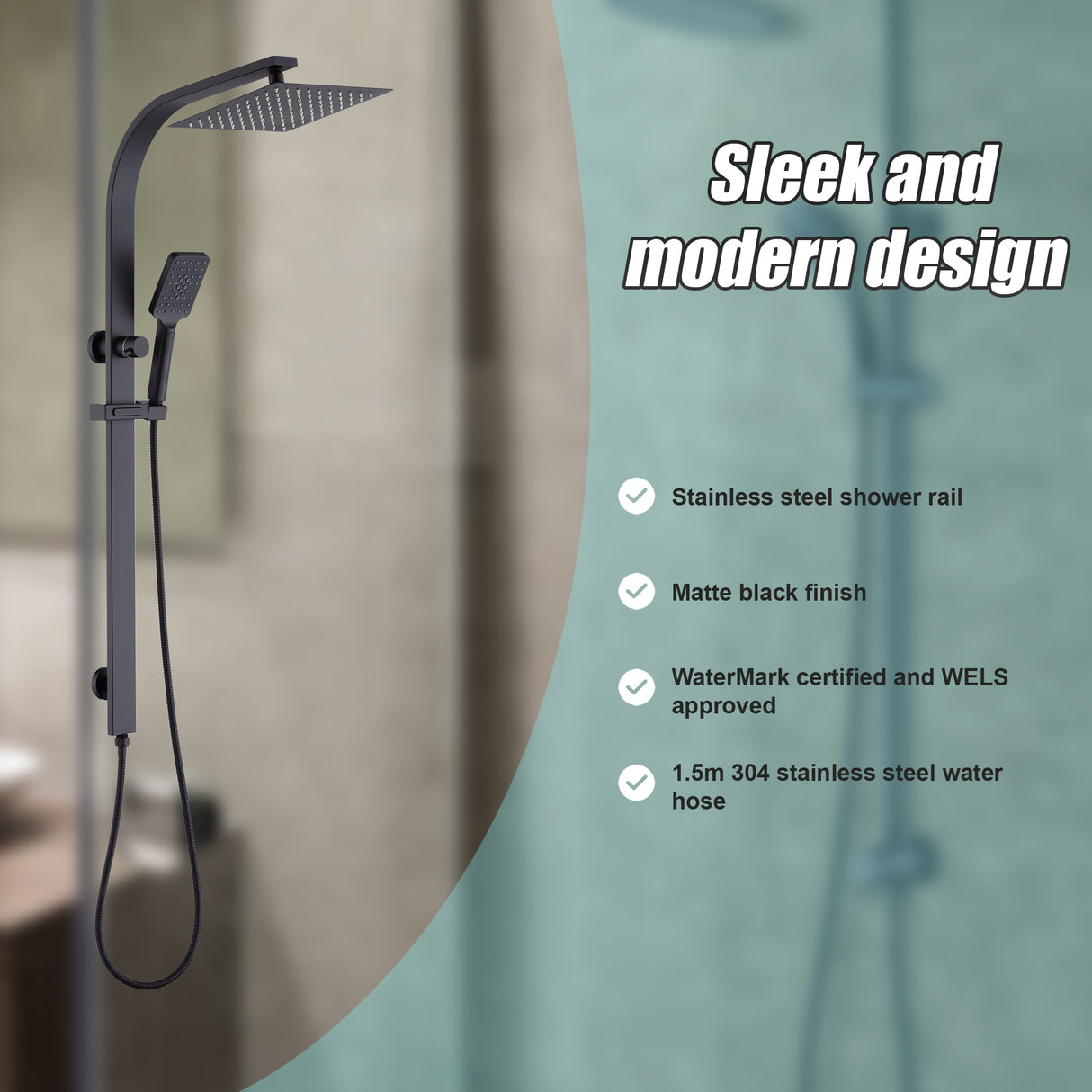WELS 10" Rain Shower Head Set Square Dual Heads High Pressure with Handheld in Black