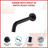 220mm Bath Spout in Matte Black Finish - Front View
