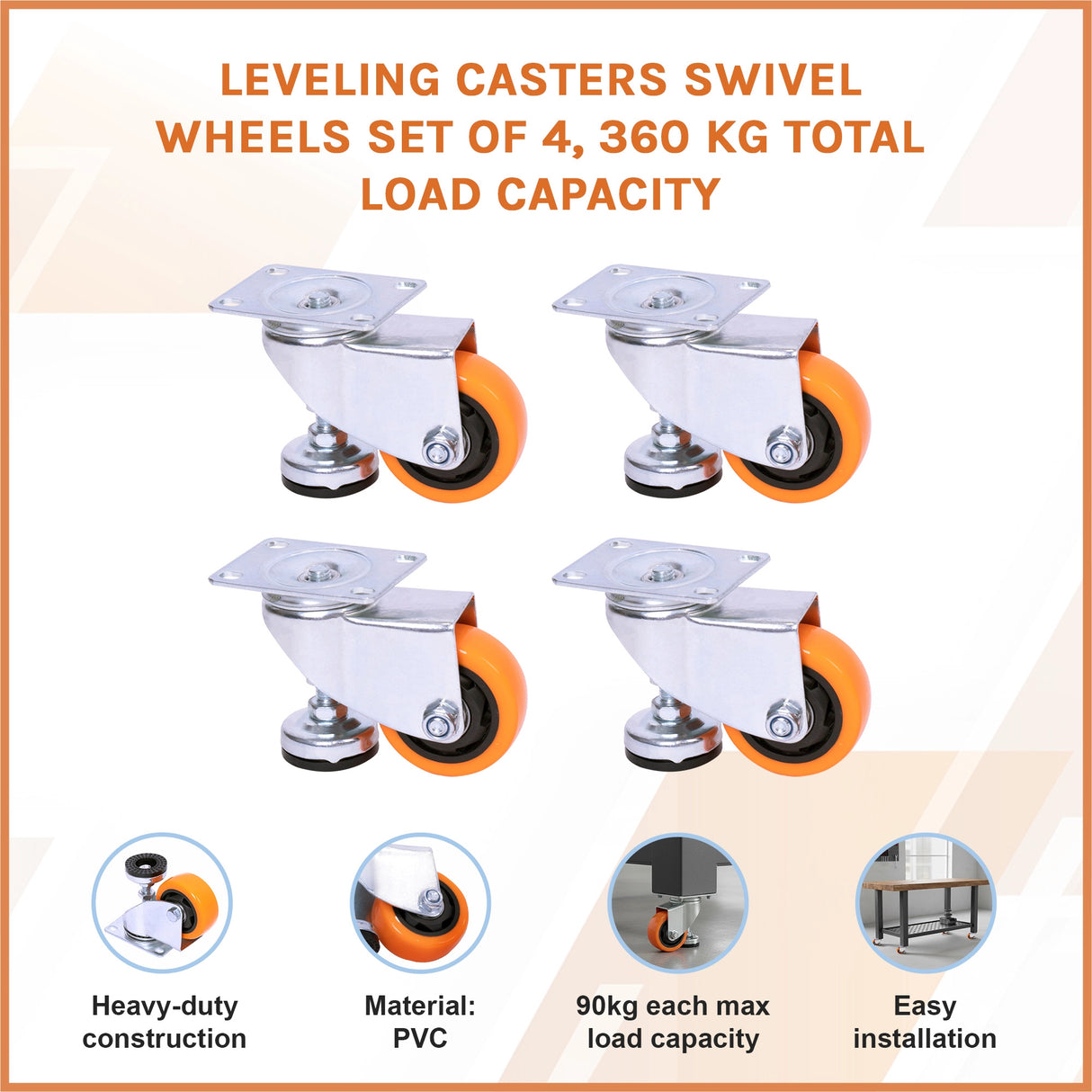 Leveling Casters Swivel Wheels Set of 4, 360 kg Total Load Capacity