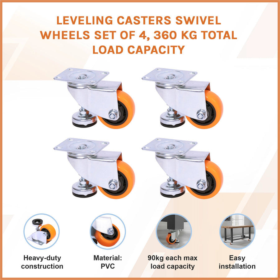 Leveling Casters Swivel Wheels Set of 4, 360 kg Total Load Capacity