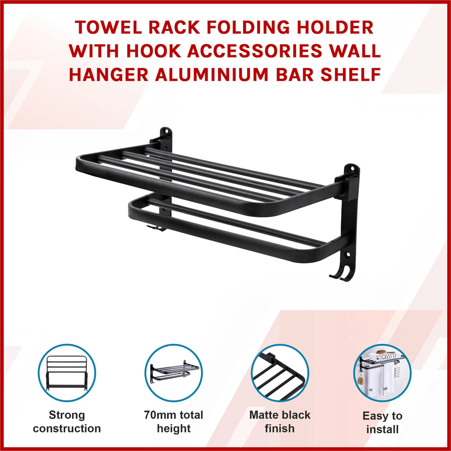 Towel Rack Folding Holder with Hook Accessories Wall Hanger Aluminium Bar Shelf