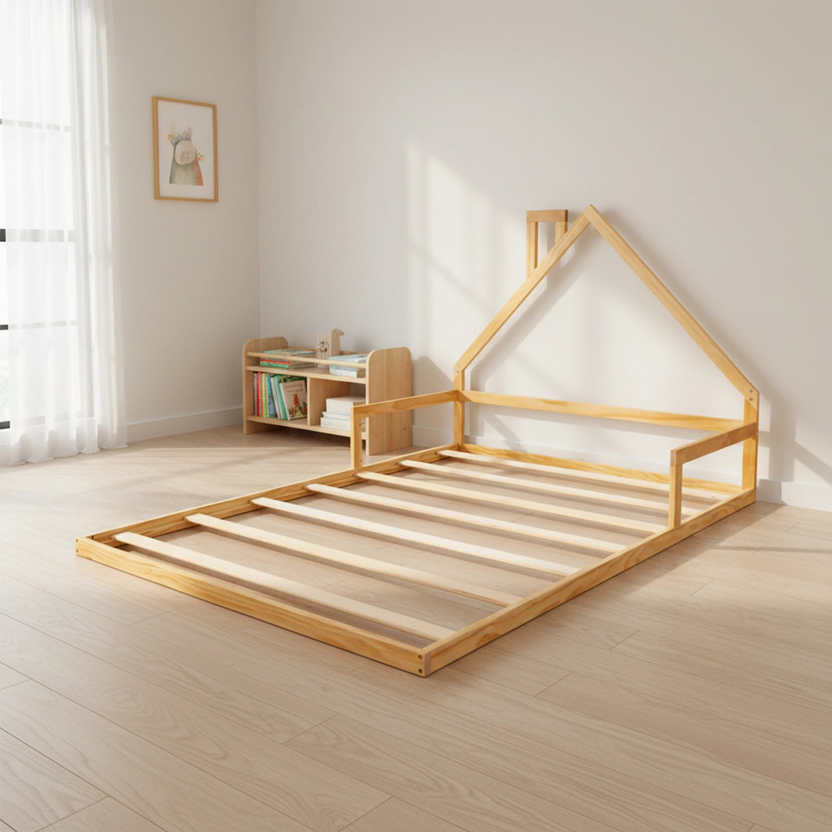 Pine Wood Floor Bed House Frame for Kids and Toddlers
