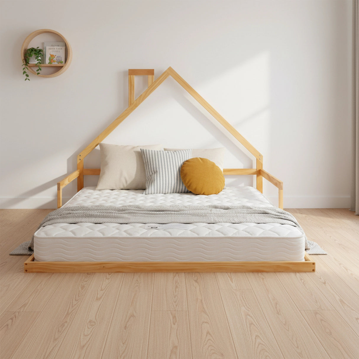 Pine Wood Floor Bed House Frame for Kids and Toddlers