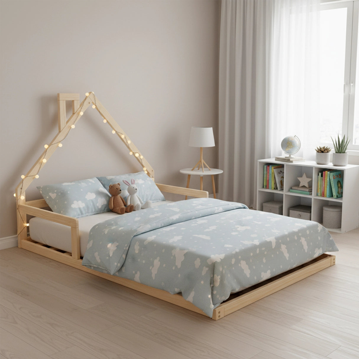 Pine Wood Floor Bed House Frame for Kids and Toddlers