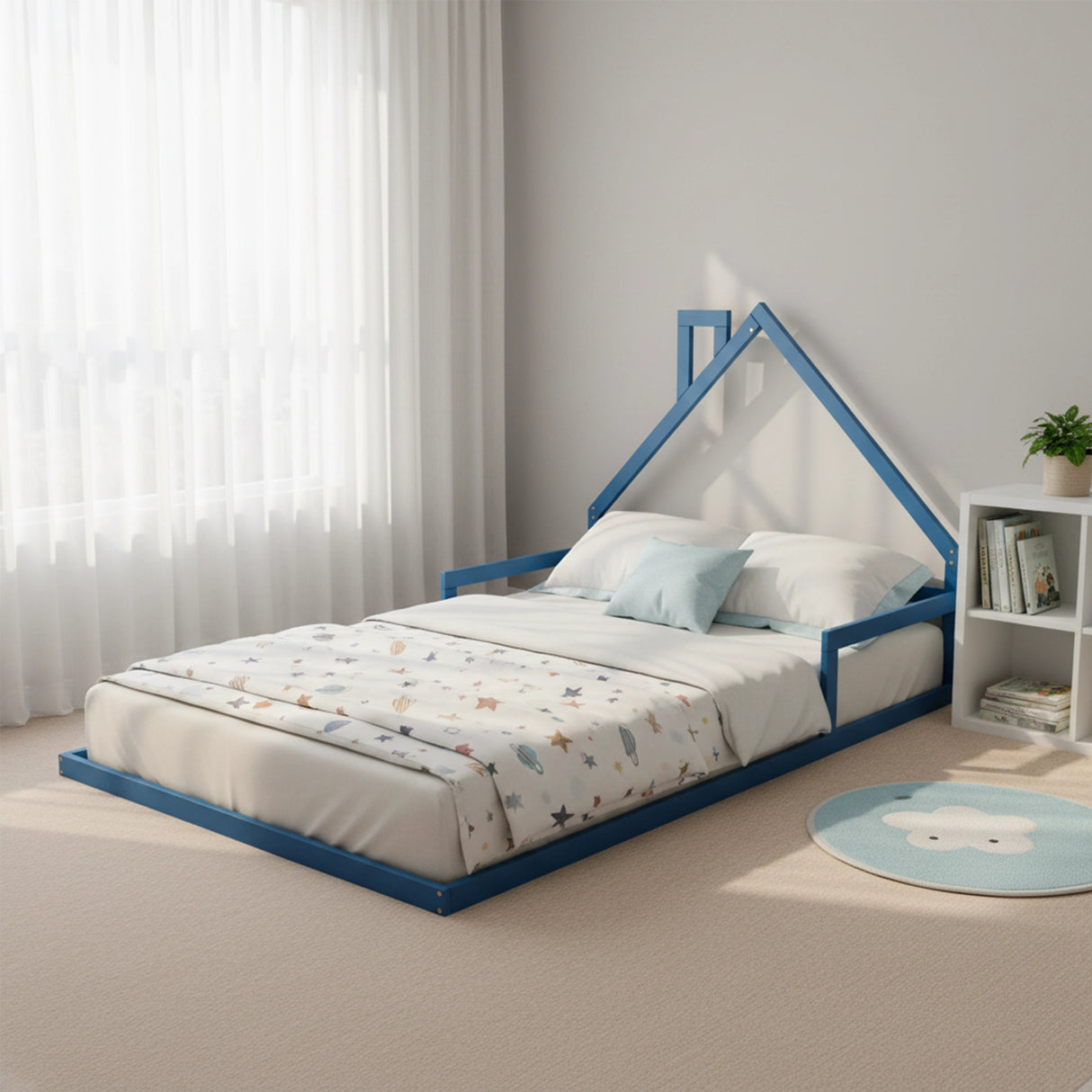 Pine Wood Floor Bed House Frame for Kids and Toddlers