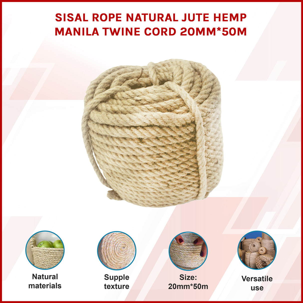Sisal Rope Natural Jute Hemp Manila Twine Cord 20mm*50m