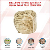 Sisal Rope Natural Jute Hemp Manila Twine Cord 20mm*50m - Front View