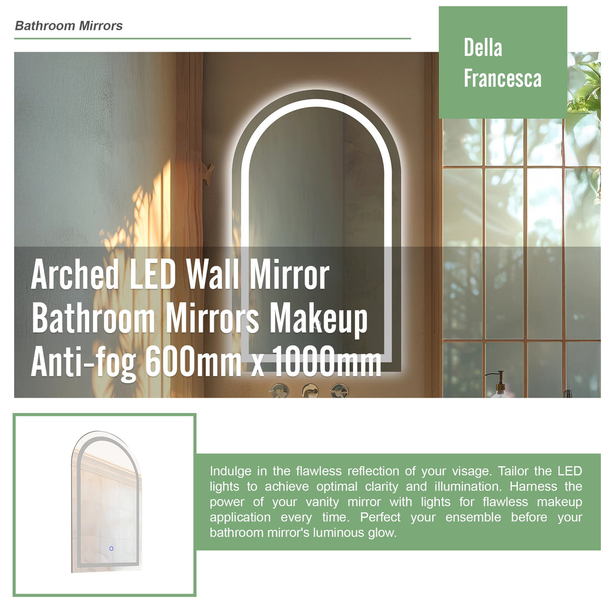 Arched LED Wall Mirror Bathroom Mirrors Makeup Anti-fog 600mm x 1000mm