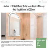 Arched LED Wall Mirror Bathroom Mirrors Makeup Anti-fog 600mm x 1000mm - Rear View