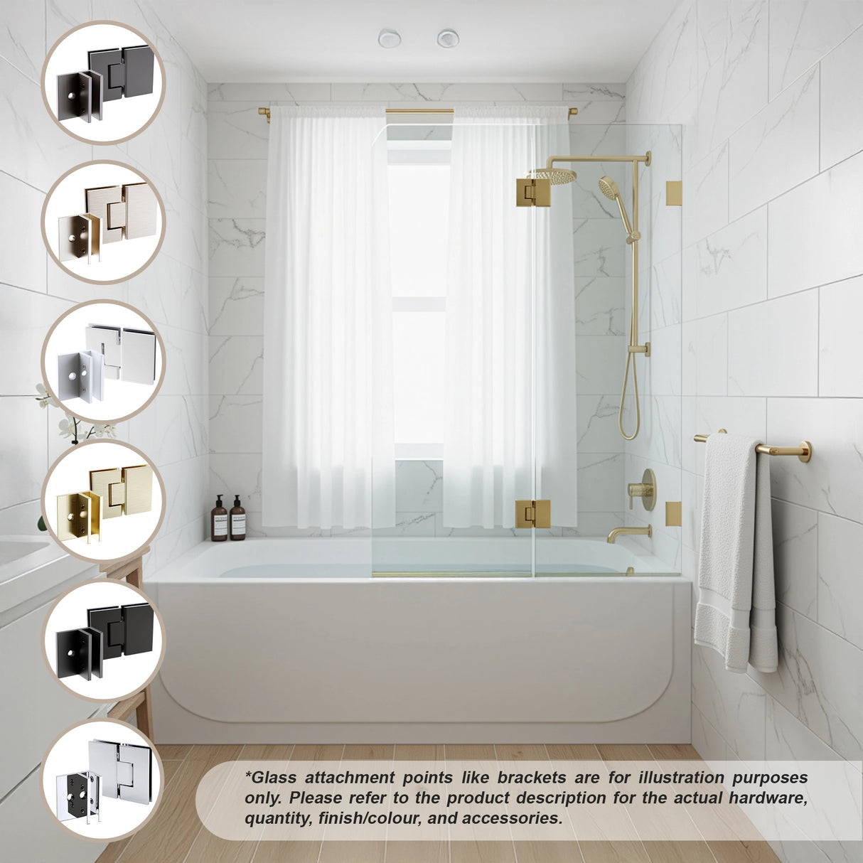 120cm Frameless Glass Bath Screen &ndash; Brass U-Brackets in White for Stylish Bathroom Upgrade