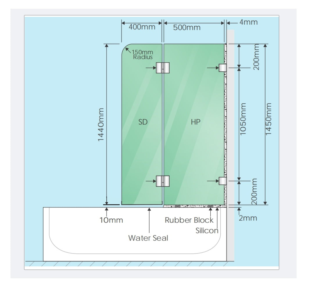 90cm Frameless Glass Bath Screen &ndash; Wall Channel with Stainless Steel Hinges in Black Finish