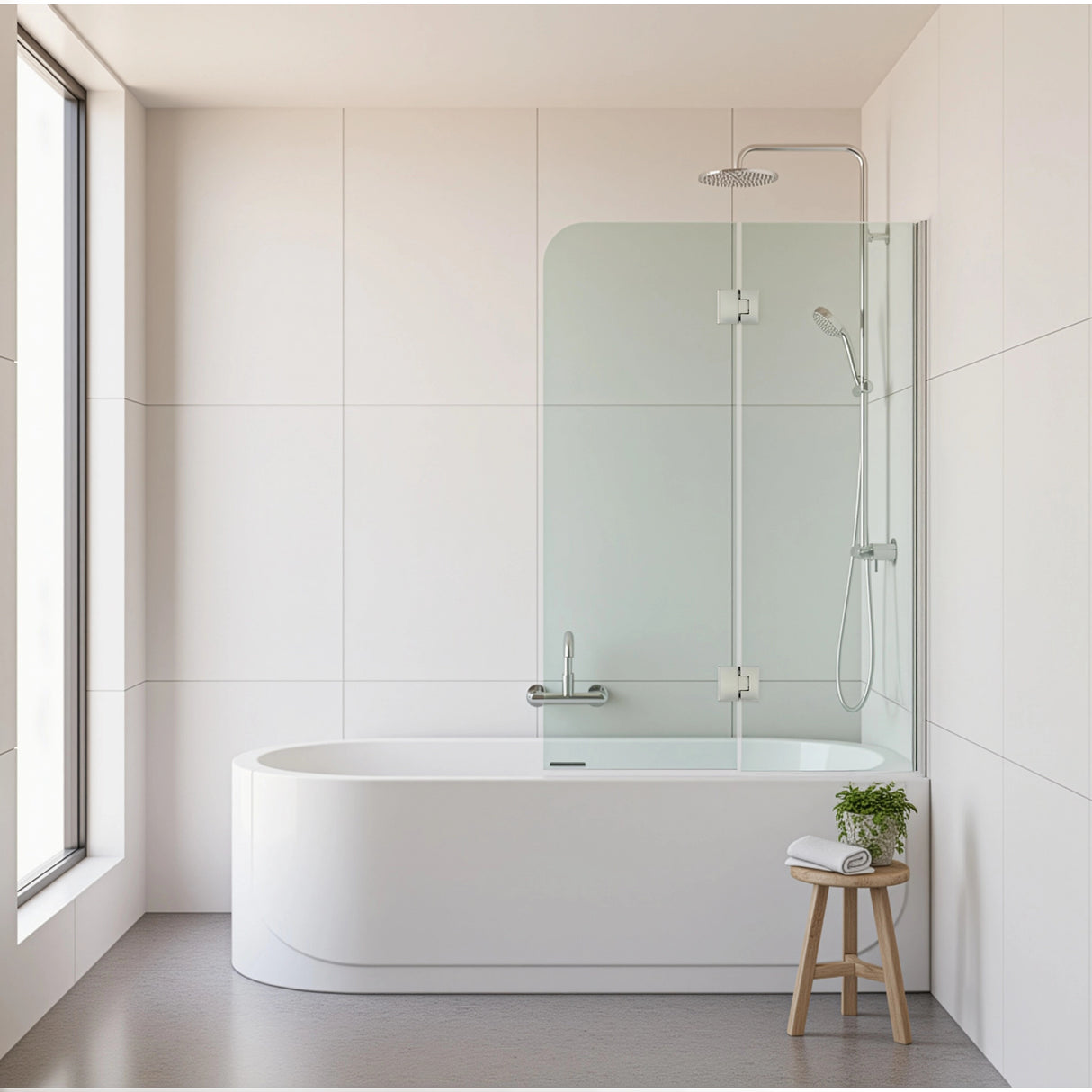 120cm Frameless Glass Bath Screen &ndash; Wall Channel with Stainless Steel Hinges in White Finish