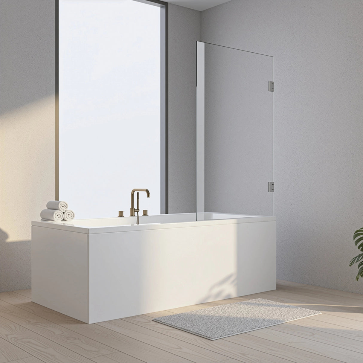 90cm Frameless Swing Bath Screen &ndash; Brushed Gunmetal Hardware with Brass hinge for Modern Bathrooms