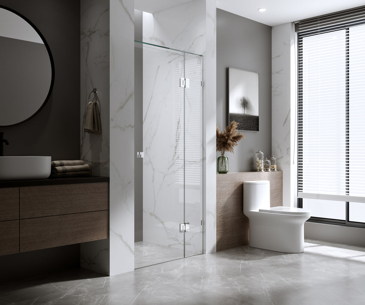 100cm Wall-to-Wall Frameless Shower Screen &ndash; Nickel F-Brackets and Floor F-Bracket with SS Hinges & Square Double Pull Handle
