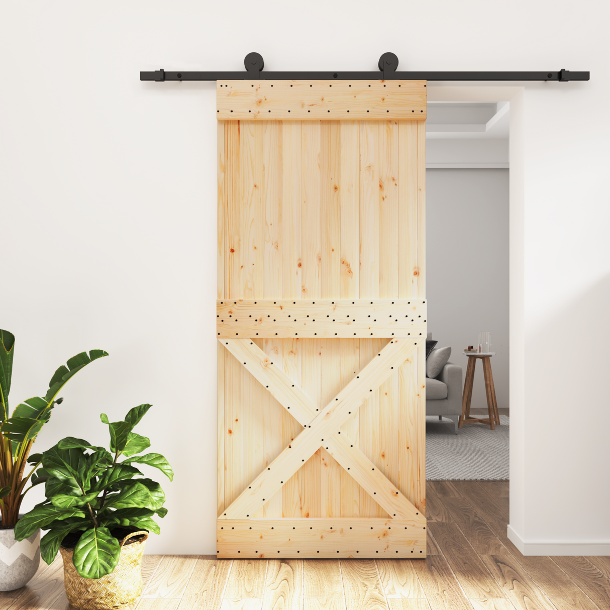 Sliding Door Natural and Black 95 x 210 cm Solid Pine Wood