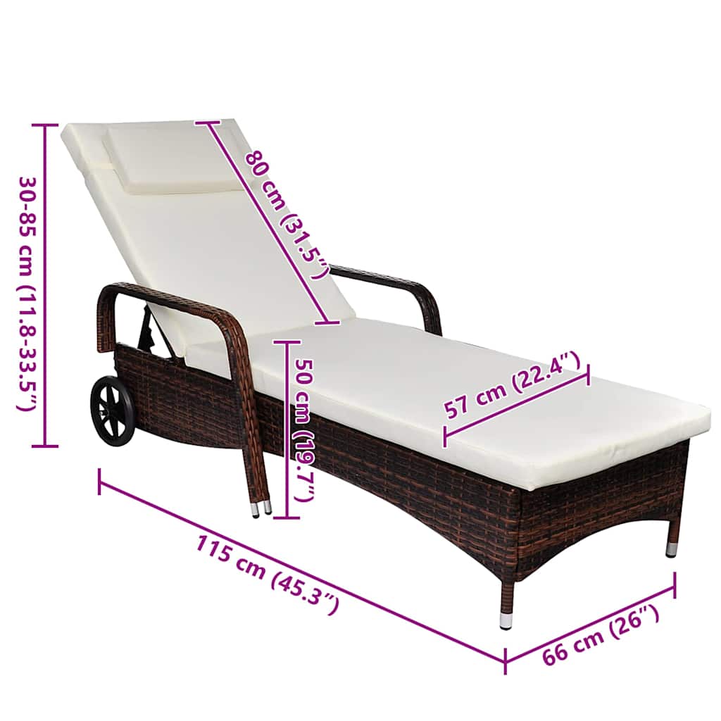 Sun Lounger with Cushion & Wheels Poly Rattan Brown